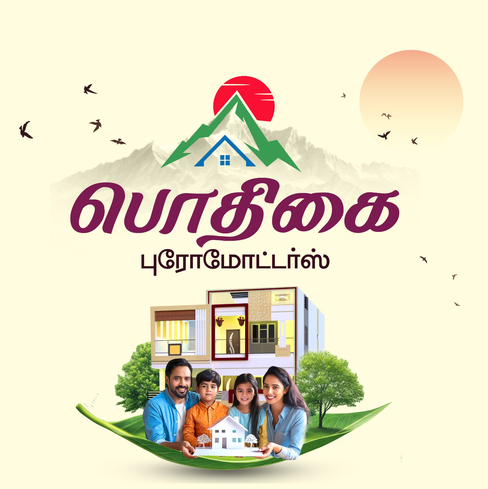 புதிய வீட்டின் முன் வீட்டு மாதிரியுடன் மகிழ்ச்சியான குடும்பம்